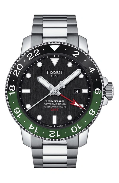 Tissot Men's Swiss Automatic Seastar 1000 Powermatic 80 Gmt Stainless Steel Bracelet Watch 46mm In Black/silver