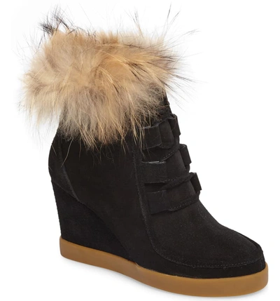 Cecelia New York Holly Wedge Bootie With Genuine Fox Fur Trim In Chestnut Suede