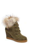 Cecelia New York Holly Wedge Bootie With Genuine Fox Fur Trim In Olive Suede