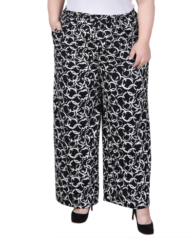 Ny Collection Plus Size Wide Leg Pull On Pants In Black Medallion