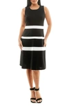Nina Leonard Colorblock A-line Dress In Black/ Ivory