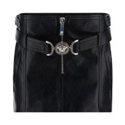 Versace Black Miniskirt With Belt And Medusa Buckle In Calf Woman