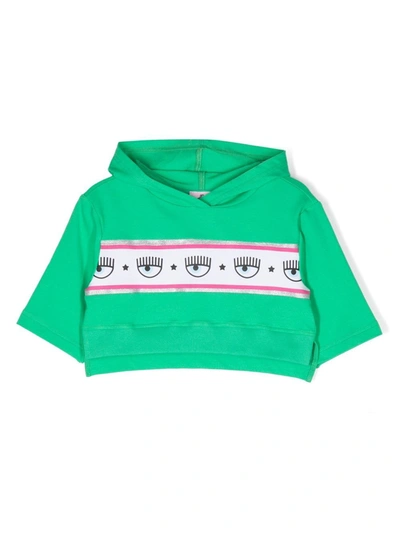 Chiara Ferragni Kids' Logo Tape Cotton Hoodie In Green