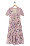Maisie Puff Sleeve Midi Dress With Crochet Trim In Ivory / Purple