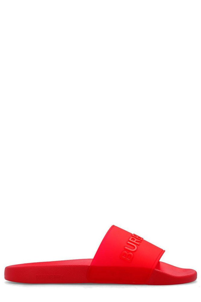 Burberry Prada Logo Plaque Flat Sandals In Red