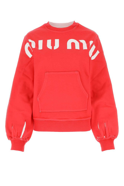 Miu Miu Logo Printed Crewneck Sweatshirt In Red