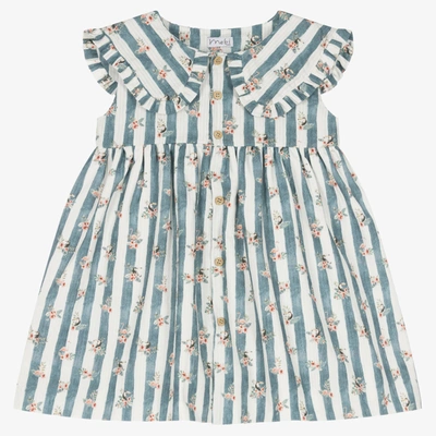 Mebi Babies' Girls Blue Stripe Floral Frill Collar Dress