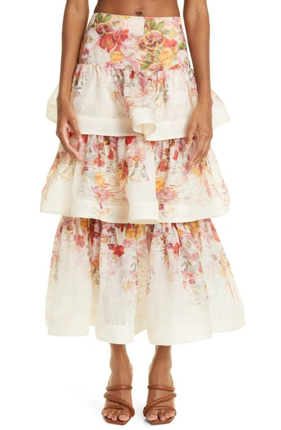 Zimmermann Wonderland Tiered Floral-print Linen And Silk-blend Midi Skirt In Multicolor