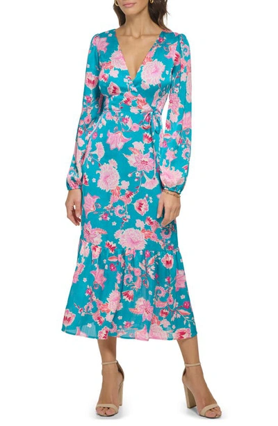 Kensie Floral Long Sleeve Lace-up Satin Maxi Dress In Teal Multi