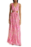 Ramy Brook Irene Twist-front Cutout Jacquard Gown In Hot Pink Silk Metallic