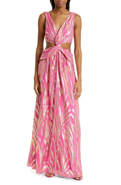 ramy brook hot pink dress Irene Twist-front Cutout Jacquard Gown In Silk Metallic Wedding Party dress