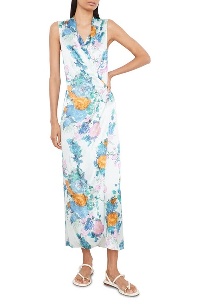 Vince Painted Bouquet Draped-pleat Midi Wrap Dress In White