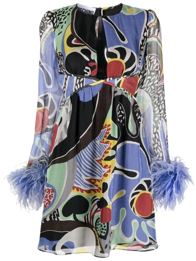 Moschino Feather-trim Psychedelic Print Dress In Black