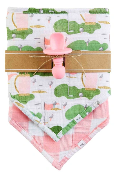Mud Pie Babies' 2-pack Golf Print & Plaid Cotton Muslin Bibs & Spoon Set In Pink