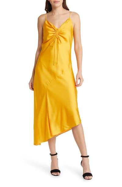 Allsaints Alexia Ruched Satin Midi Dress In Citrus_orange