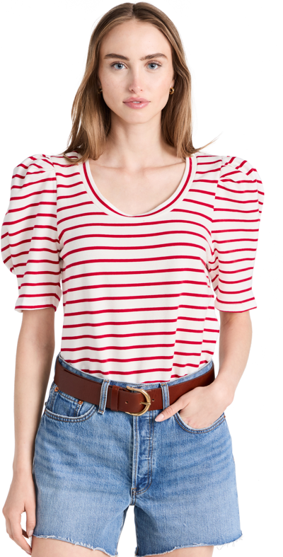 English Factory Stripe Pleated Puff Sleeve T-shirt In White/ Red