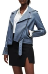 Allsaints Belted Crop Leather Moto Jacket In Flint Blue