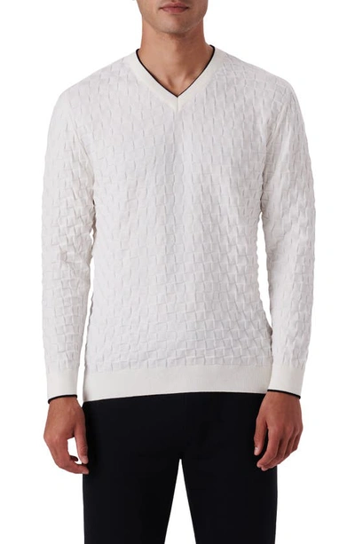 Bugatchi Basketweave Stitch V-neck Cotton Blend Sweater In Chalk