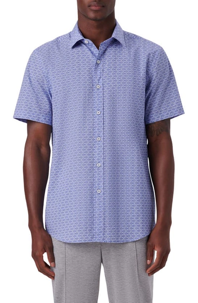 Bugatchi Classic Fit Print Cotton Short Sleeve Button-up Shirt In Classic Blue