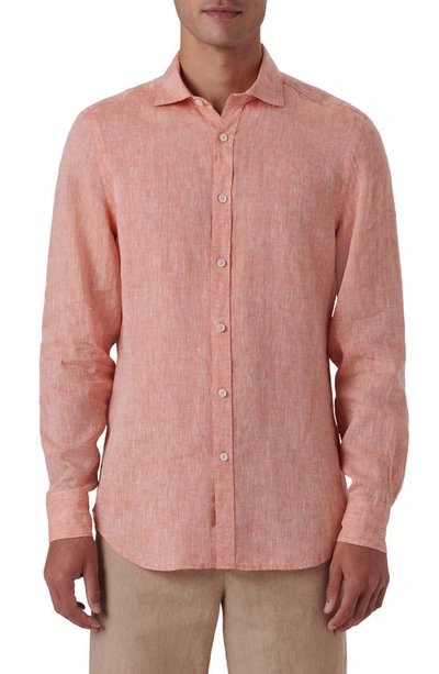 Bugatchi Shaped Fit Solid Linen Button-up Shirt In Tangerine