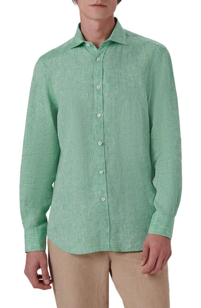 Bugatchi Shaped Fit Solid Linen Button-up Shirt In Jade