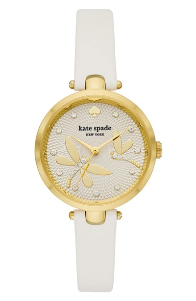 Kate Spade Holland Dragonfly Leather Strap Watch, 34mm In Cream / Gold