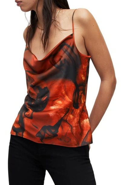 Allsaints Hadley Claudia Abstract Print Satin Camisole In Deep Red