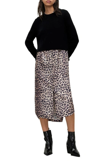 Allsaints Angelina Leopard Print Long Sleeve Sweater And Sleeveless Dress Set In Black/leppo