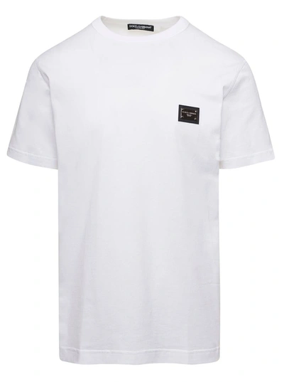 Dolce & Gabbana White Crewneck T-shirt With Logo Plate In Cotton Man