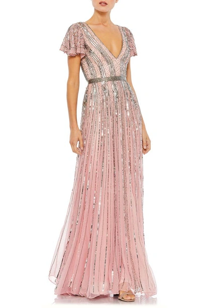 Mac Duggal Stripe Sequin V-neck Gown In Rose