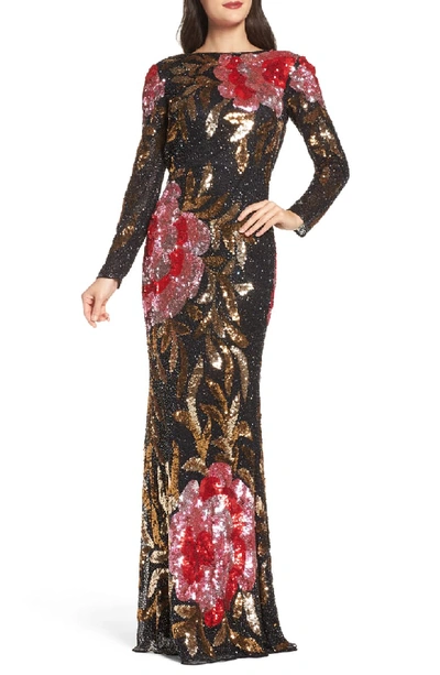 Mac Duggal Floral Sequin Long-sleeve Column Gown In Black/ Red Multi