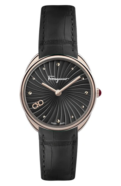 Ferragamo Cuir Croc Embossed Leather Strap Watch, 34mm In Rose Gold