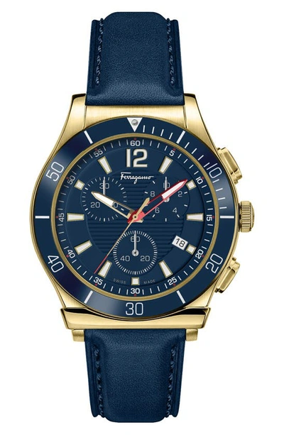 Ferragamo 1898 Sport Chrono Blue Dial Leather Strap Watch, 44mm X 12.3mm In Gold