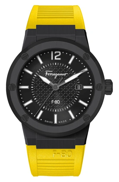 Ferragamo F-80 Silicone Strap Watch, 44mm In Black