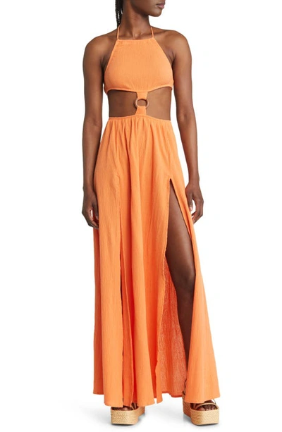 Asos Design Halter Maxi Beach Dress In Orange Crinkle