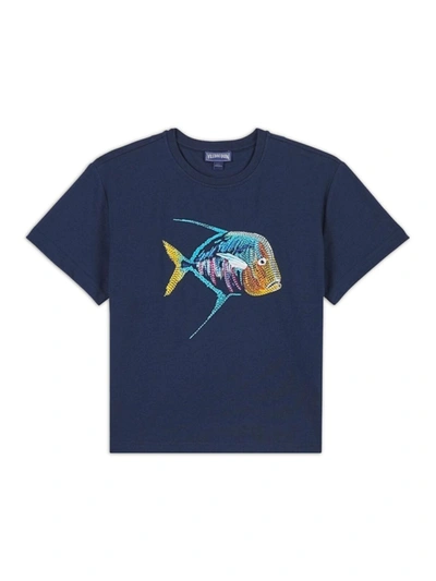 Vilebrequin Kids' Boys Navy Blue Embroidered Fish T-shirt In Bleu Marine