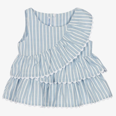 Pan Con Chocolate Babies' Girls Blue & White Striped Ruffle Blouse