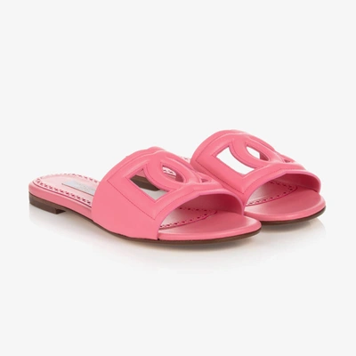 Dolce & Gabbana Kids' Girls Pink Leather Logo Sliders