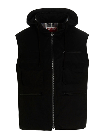 Kenzo Maxi Pocket Hooded Waistcoat In Black