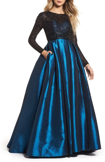 Mac Duggal Sequin Embellished High-neck Illusion Long-sleeve Taffeta Ball Gown In Teal