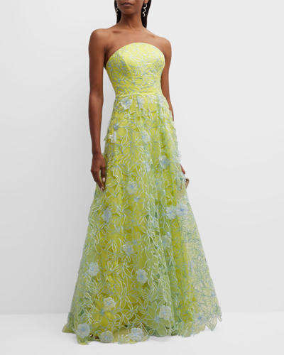 Marchesa Notte Strapless Cutout Floral-embroidered Gown In Yellow