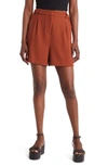 Open Edit High Waist Pleat Front Shorts In Brown Spice