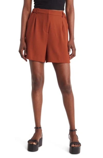 Open Edit High Waist Pleat Front Shorts In Brown Spice