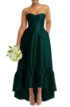 Alfred Sung Strapless Ruffle High-low Satin Gown In Green