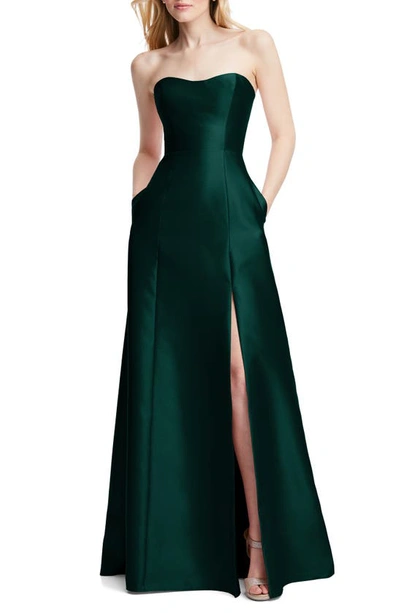 Alfred Sung Strapless Satin A-line Gown In Evergreen