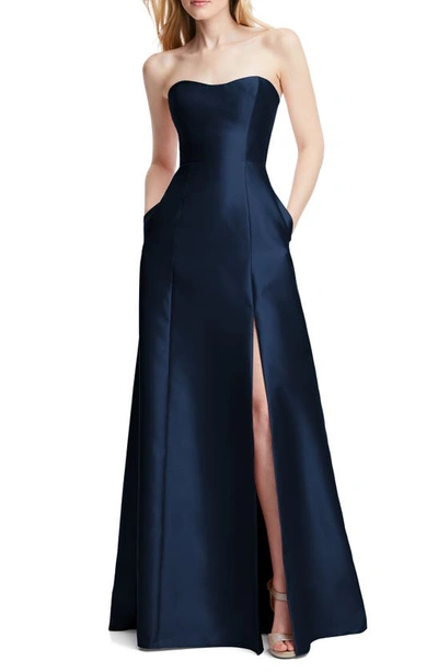 Alfred Sung Strapless Satin A-line Gown In Midnight Navy