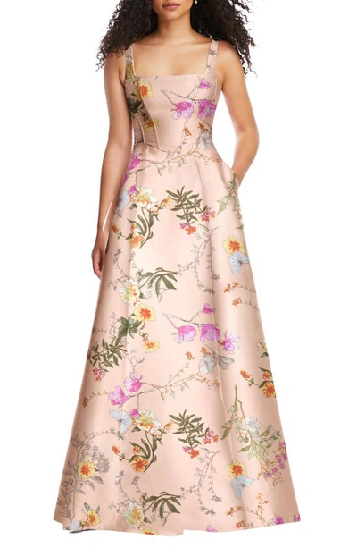 Alfred Sung Floral Corset Satin Gown In Pink