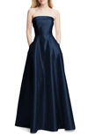 Alfred Sung Strapless Cuff Satin Gown In Blue