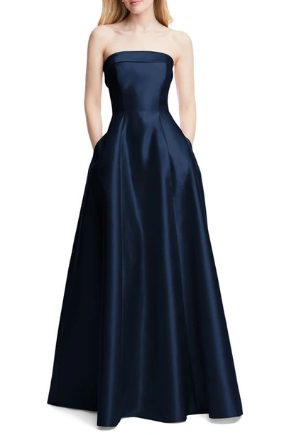 Alfred Sung Strapless Cuff Satin Gown In Blue