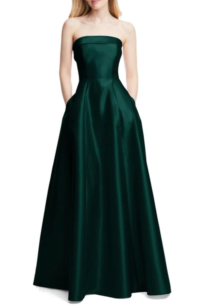 Alfred Sung Strapless Cuff Satin Gown In Evergreen